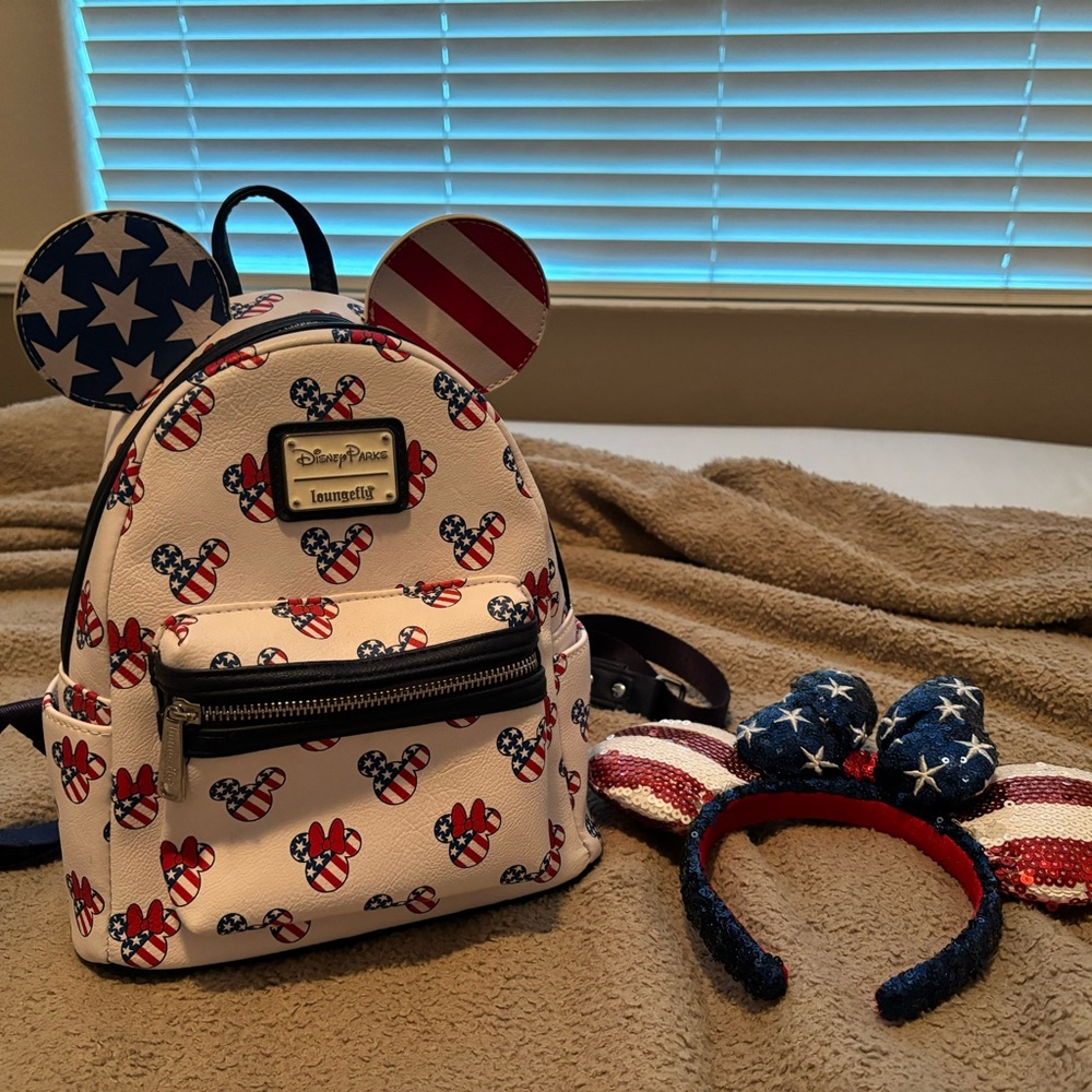 Loungefly Disney Red/White/Blue Backpack with matching Ears Set!